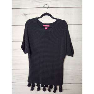 Catherine Womens Pullover Sweater‎ Black Short Sleeve Jewel Neck Tassel Hem M